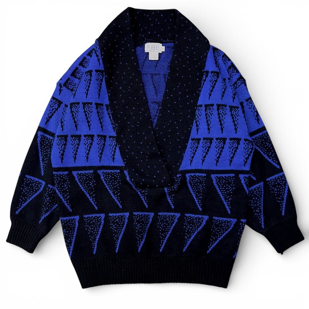 Vintage FABE Abstract Shawl Collar Geometric Triangle Knit Sweater Blue Black M